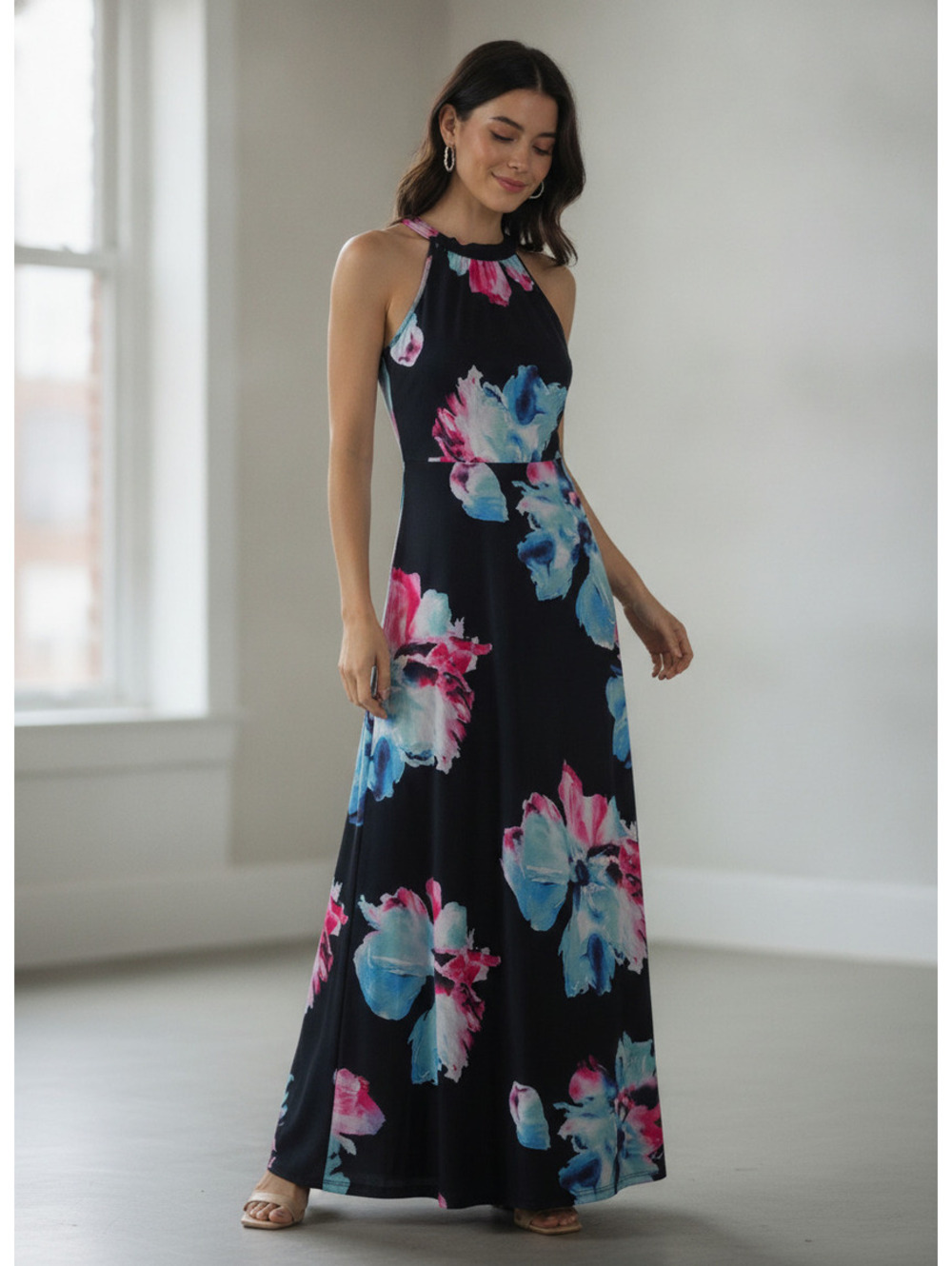 Floral Maxi Dress Sleeveless Halter Neck XS